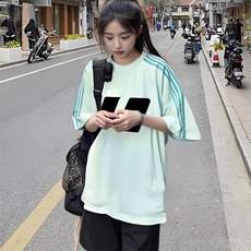抖音得物品质二开240克宽松纯棉美式潮牌印花三条杠中性风短袖T恤，男装T恤，电商A486-1
