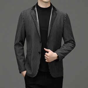 男2023秋季新款中年男士皮西服商务休闲西装薄款男装时尚外套图片