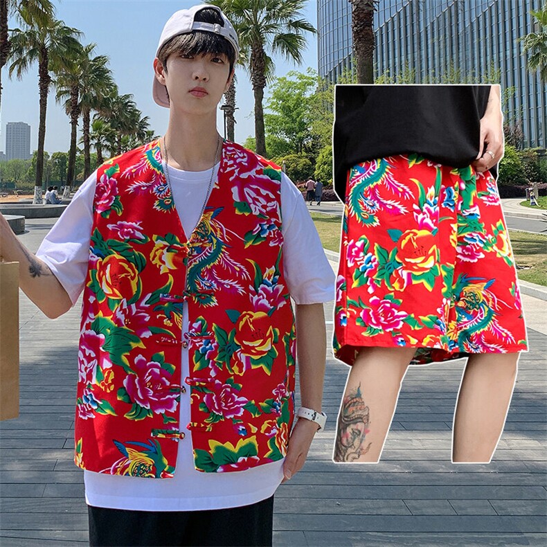 TZ02东北大花民族风风马甲短裤套装大码抖音网红同款汉服男女图片