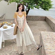 高级感叠穿吊带罩衫裙套装女2025夏新款减龄T恤波点阔腿裤三件套，女装套装/套裙，维壹