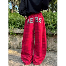 格子裤女秋季红色格纹阔腿裤宽松运动显瘦休闲裤拖地长裤K5359，男装休闲裤，星座1116A（原606A-3）
