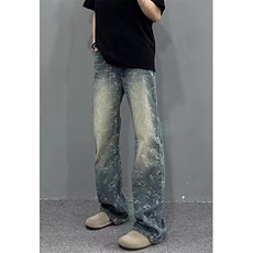 提花牛仔裤男春季潮牌复古蓝休闲痞帅宽松直筒微喇裤N828，男装牛仔裤，星座1116A（原606A-3）