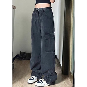 直筒工装牛仔裤女2025新款hiphop高腰宽松拖地阔腿裤子 KA1092图片