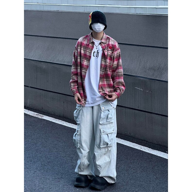 网络图现货粉红格子衬衫男生格纹衬衣长袖RC21-P55,男装衬衫,星座1005-4