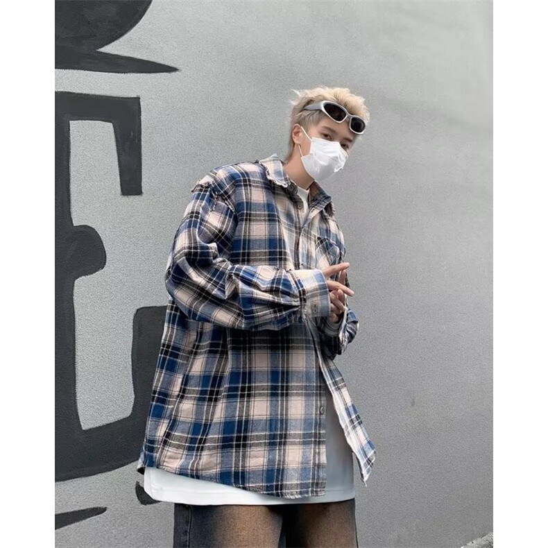 春款美式复古格子衬衫男士春秋新款潮流百搭拼色长袖衬衣外套,男装衬衫,星座1013
