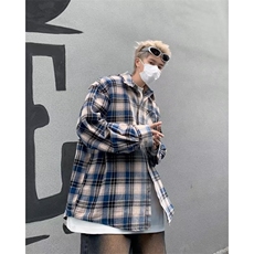 春款美式复古格子衬衫男士春秋新款潮流百搭拼色长袖衬衣外套，男装衬衫，星座1013