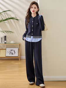 小香风天丝时尚套装女2025春季新款超火韩系穿搭显瘦阔腿裤两件套图片