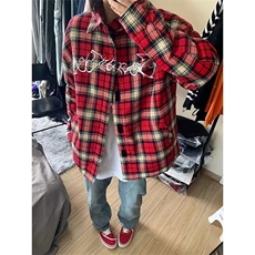 美式刺绣红色格子衬衫女春秋季小众设计感宽松慵懒风学生衬衣外套，男装衬衫，星座1210-1