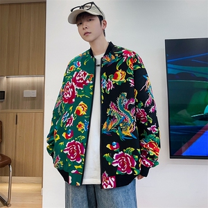 J01男女棒球领夹克外套东北大花汉服开衫左右拼接撞色潮男女图片
