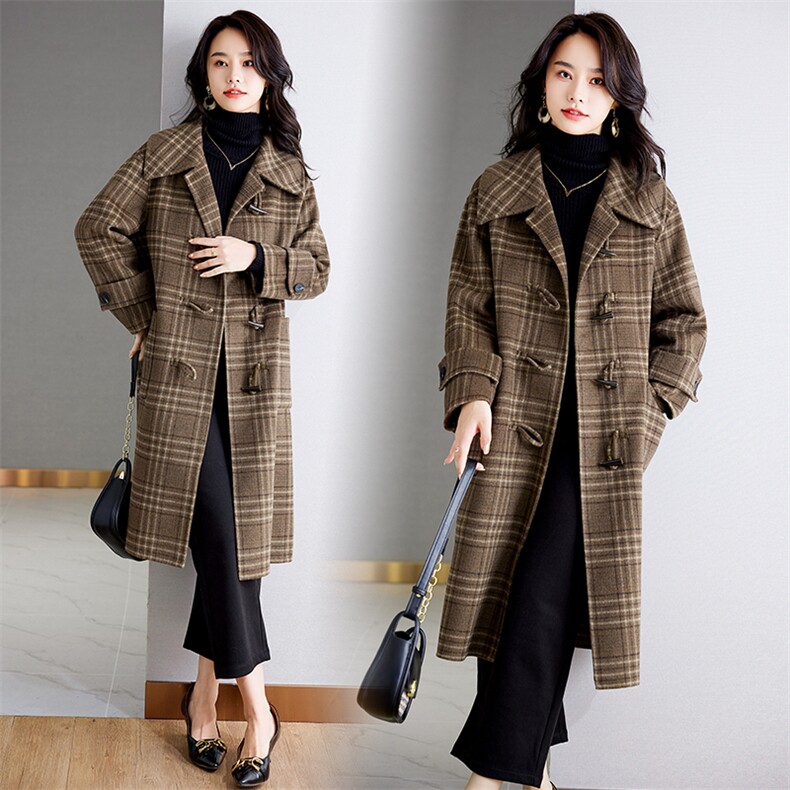 格子呢子大衣女中长款2024秋冬新款韩版过膝加厚收腰长款毛呢外套，女装双面呢大衣，小荷流