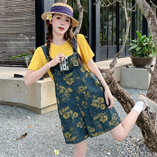 小众设计感复古鬼马少女印花牛仔背带裤纯色T恤遮肉2025夏季套装，女装套装/套裙，2B237