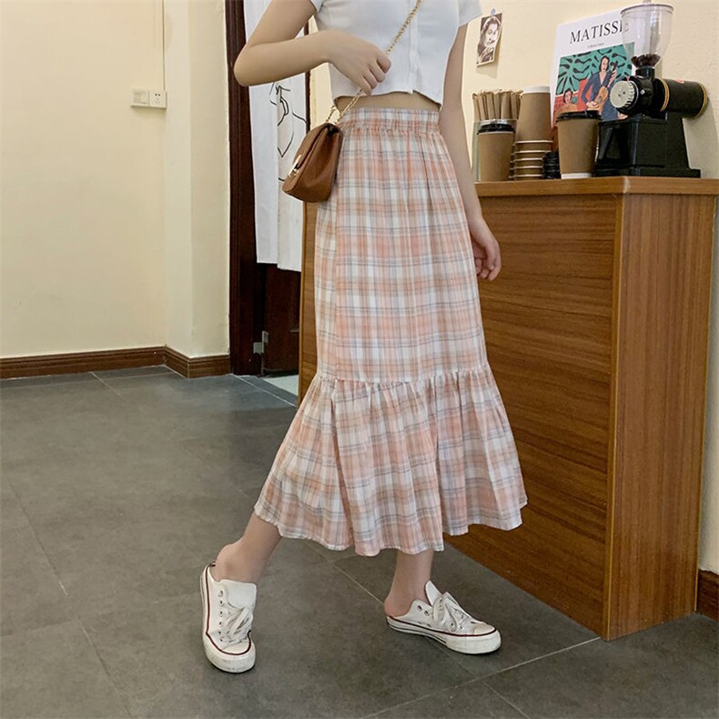 213#官图2021夏季新款韩版格子半身裙松紧腰复古中长款a字裙,女装半身裙,潮品会