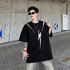 LR0285-P35原宿时尚简约百搭高街重磅圆领拉链ins潮流半袖T恤，男装T恤，电商C233