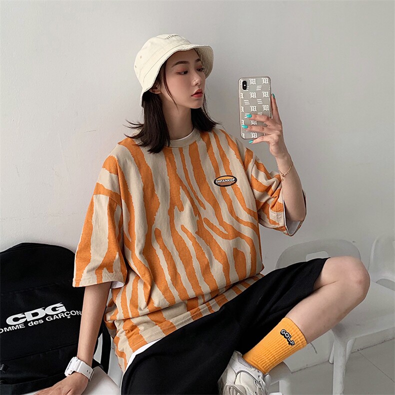 2021夏装新款斑马纹印花短袖T恤女宽松百搭上衣潮D74中性，女装T恤，电商A335-1（原A458）