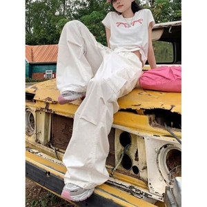 直筒工装裤女夏季2025高腰阔腿辣妹束脚休闲抽绳降落伞裤 K199图片