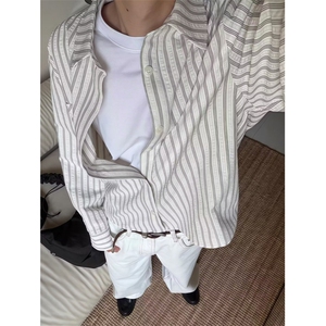条纹长袖衬衫男秋季宽松慵懒风设计感小众风独特上衣 CS91图片