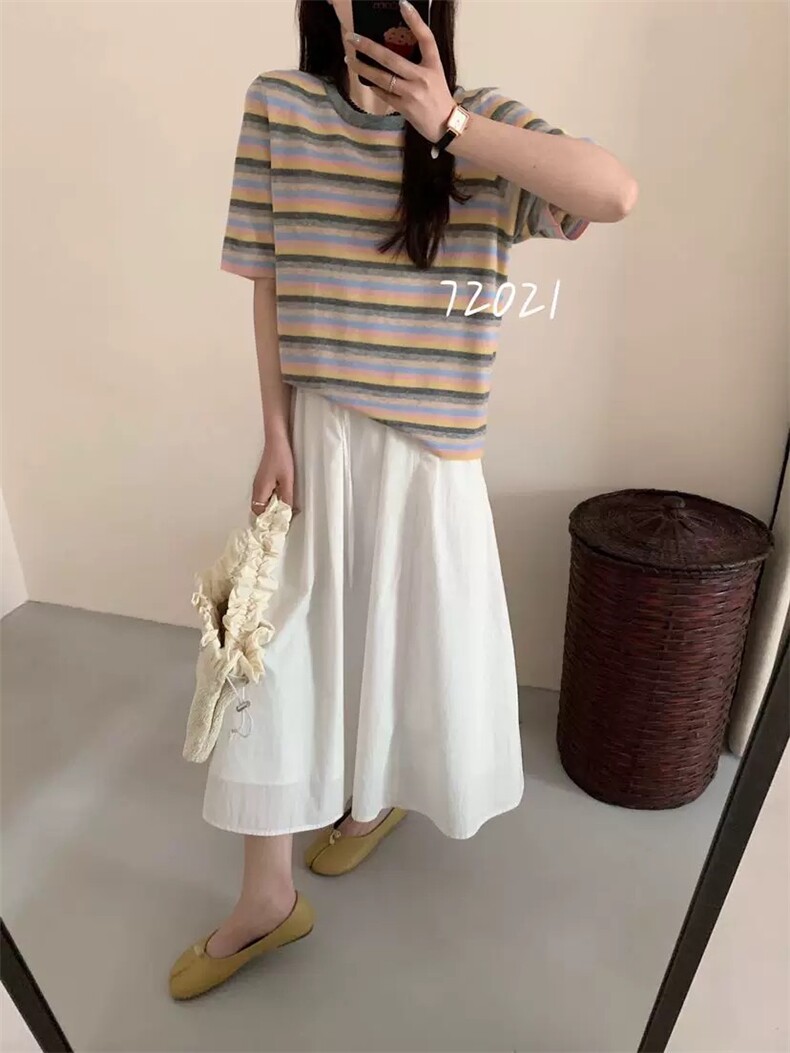 条纹撞色精纺羊毛宽松显瘦圆领短袖图片
