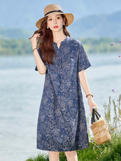 现货2025年夏季文艺复古优雅印花中长款妈妈连衣裙，女装连衣裙，依恋蒂丝