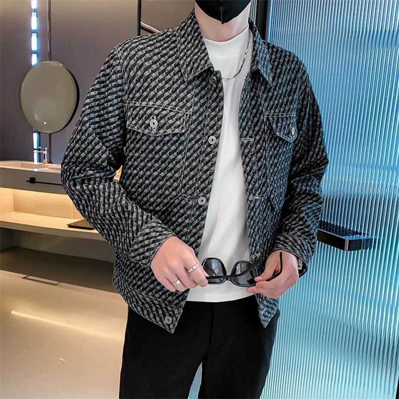 社会小伙牛仔夹克外套男2025新款春季格子上衣A313-18808-P135,男装夹克,电商A313-1
