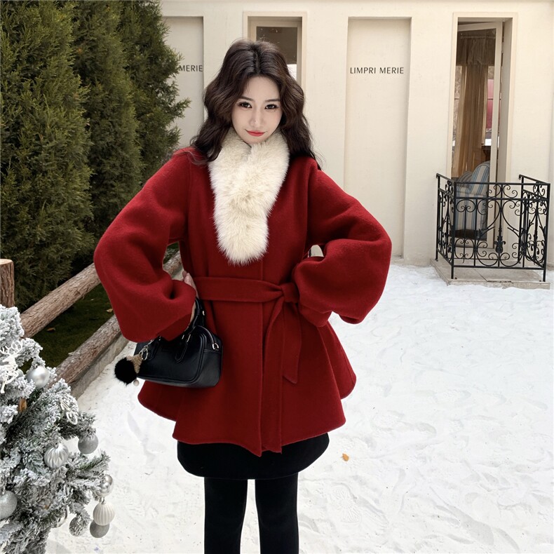 韩版灯笼袖双面羊毛大衣外套女（真狐狸毛领）2C325-5656P325K478,女装毛呢外套,2C325