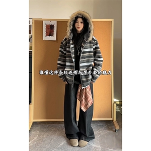 可拆卸毛领加绒卫衣慵懒风撞色条纹潮流男女DZ51213-TP75158图片