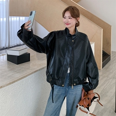 黑色机车风立领PU皮衣外套女2025秋季新款美式复古时髦显瘦夹克潮，女装短外套，2C095