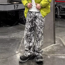 美式小众彩印泼墨油画调色阔腿牛仔裤休闲裤男涂鸦宽松弯刀直筒裤，男装牛仔裤，星座506A
