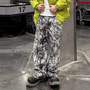 美式小众彩印泼墨油画调色阔腿牛仔裤休闲裤男涂鸦宽松弯刀直筒裤图片