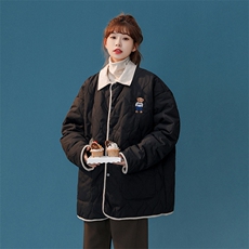 1中性风灯芯绒拼接假两件小熊连帽大码M-5XL棉衣女8713P135控168，女装棉衣/棉服，星座226-2