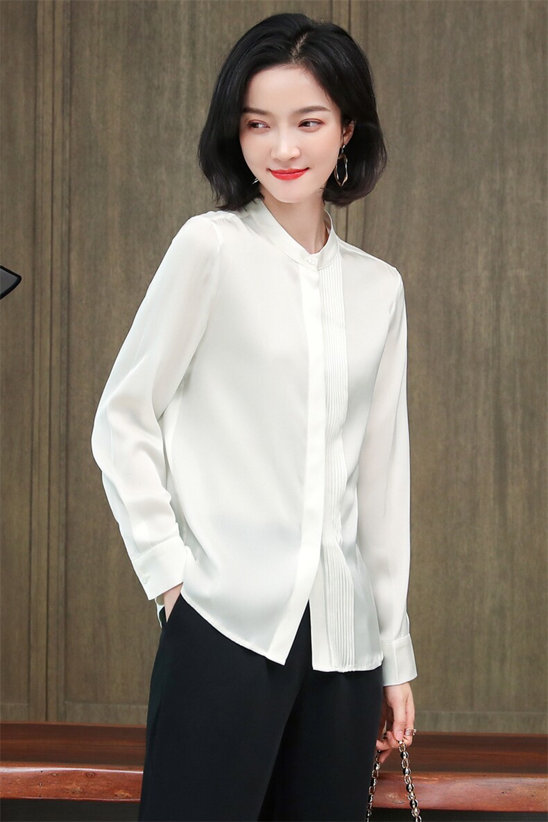 白色重磅真丝衬衫女长袖2025春装新款气质压褶职业百搭桑蚕丝上衣,女装衬衫,阿舍尔精品