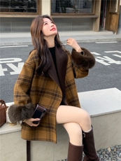 现货新款双面羊绒大衣带袖毛格子配腰带时尚洋气，女装双面呢大衣，然然
