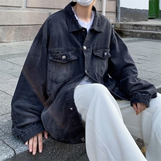 渐变牛仔外套男秋季美式水洗上衣宽松高街潮牌痞帅夹克衫2223/P70，男装工装外套，星座506