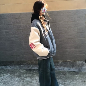 美式高街徽章拼接撞色棒球服男女春秋潮牌宽松字母刺绣夹克外套图片