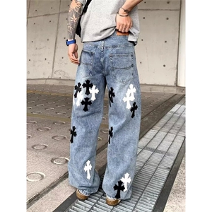 潮流文艺百搭蓝色皮标十字架牛仔裤慵懒ins流行时尚新款日系原宿图片
