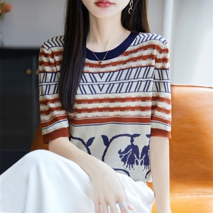 撞色冰丝针织提花短袖T恤女2025新款夏季薄宽松显瘦上衣小衫半袖图片