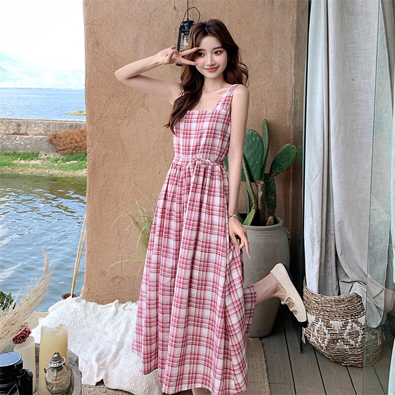 粉色格子超好看绝美连衣裙女2025夏季新款韩版温柔收腰无袖A字裙，女装连衣裙，浙宝276（原081）