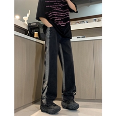 现货春夏黑色渐变直筒宽松设计感拼接绑带XX修身牛仔裤男K918-P50，男装牛仔裤，星座205