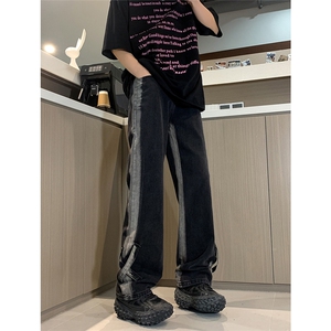 现货春夏黑色渐变直筒宽松设计感拼接绑带XX修身牛仔裤男K918-P50图片