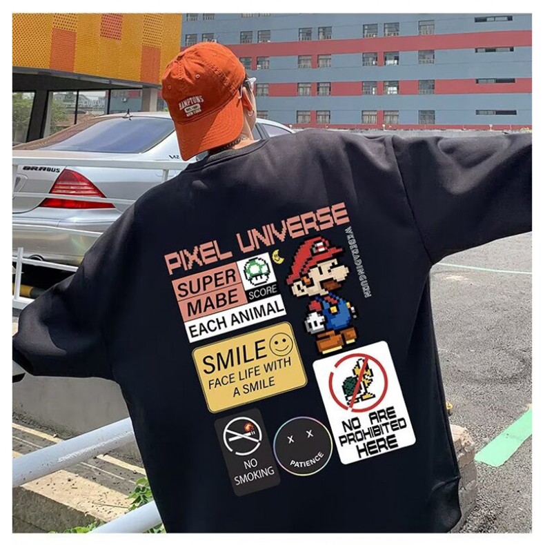 350g华棉潮牌圆领宽松情侣长袖打底衫上衣束口T恤卫衣Y53-P38网图，女装T恤，电商B245