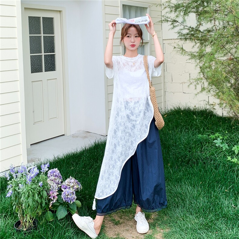 夏季阔腿裤蕾丝短袖衫时尚两件套女,女装套装/套裙,浙宝069