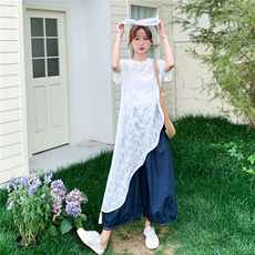 夏季阔腿裤蕾丝短袖衫时尚两件套女，女装套装/套裙，浙宝069