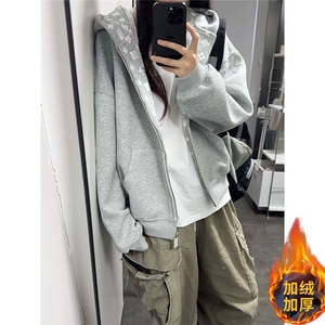 美式连帽卫衣女秋冬加绒字母印花开衫外套重磅潮牌宽松情侣上衣图片