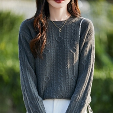 2025年秋季新款双环扭花针织圆领羊毛衫时尚休闲通百搭，女装羊毛衫，片语羊绒