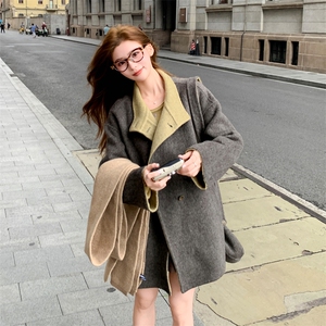 撞色中长款双面羊绒大衣女2025秋冬新款韩系复古气质宽松毛呢外套图片