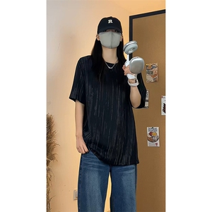 休闲风百搭短袖T恤男女宽松圆领条纹肌理感内搭上衣T3695-特价P22