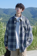 美式格子衬衫男生春秋季青少年叠穿潮牌宽松翻领休闲长袖衬衣外套，男装衬衫，电商A001-1