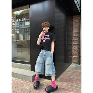 现货~美式高街工装牛仔短裤男复古宽松直筒中裤七分裤A3125-特P45图片