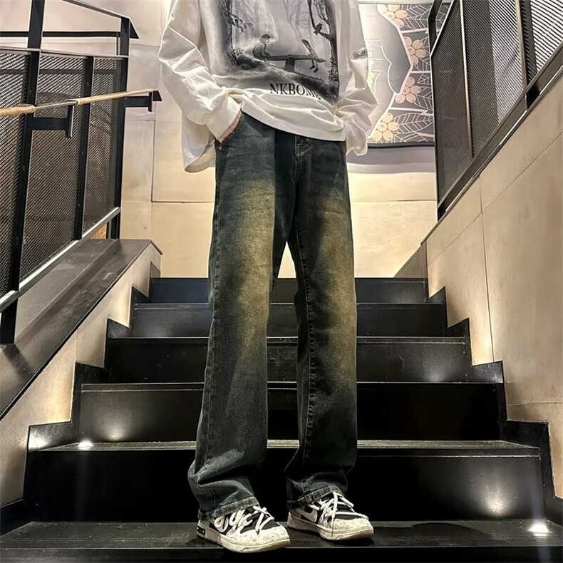 牛仔裤男渐变水洗做旧痞帅微喇裤子高街宽松直筒休闲长裤7032/P42,男装牛仔裤,星座506