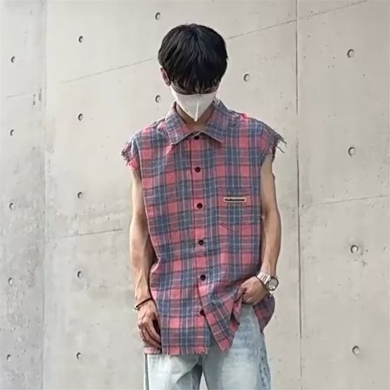 C255-P28 美式街头格子翻领马甲背心无袖衬衫男女潮牌嘻哈宽松图片