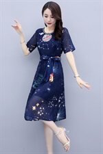 碎花2021年夏季订珠系带收腰时尚气质中长款百搭韩版优雅连衣裙，女装连衣裙，瑶迪依秀